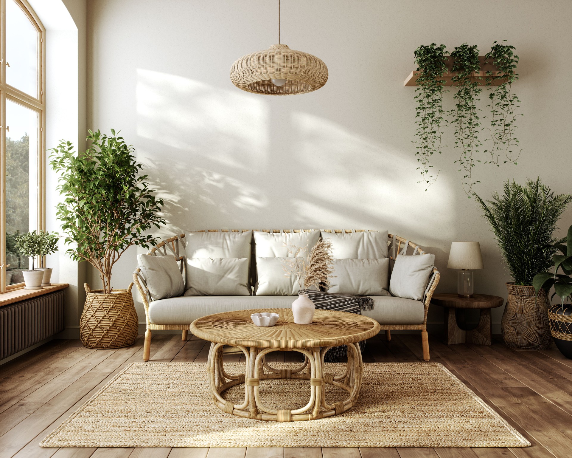 Boho-Inspired Modern Scandinavian Interior With Wicker Furniture and Green Plants