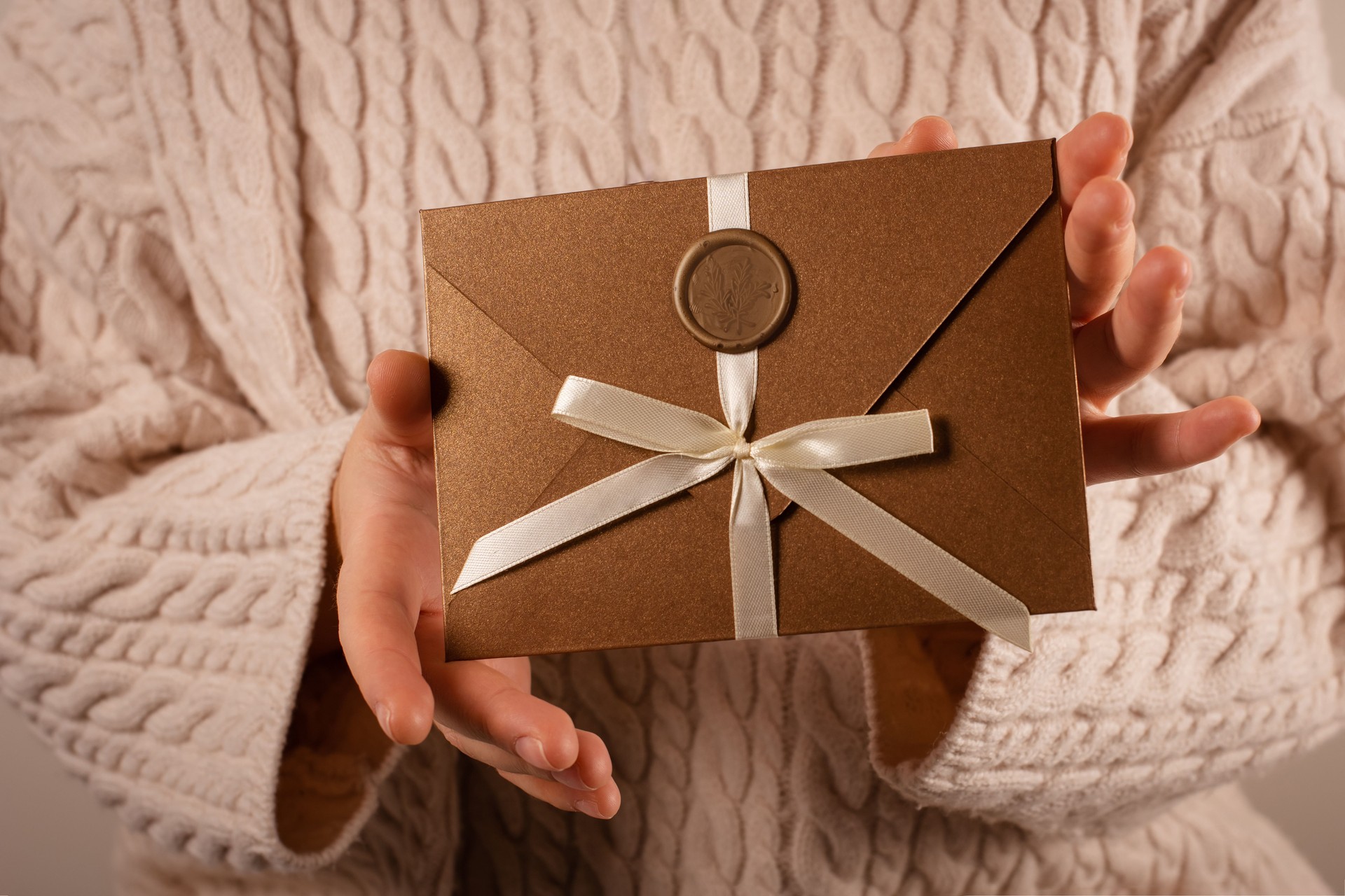closeup handmade invitation envelope with wax seal on female hands. Gift Certificate. Gift Voucher or discount